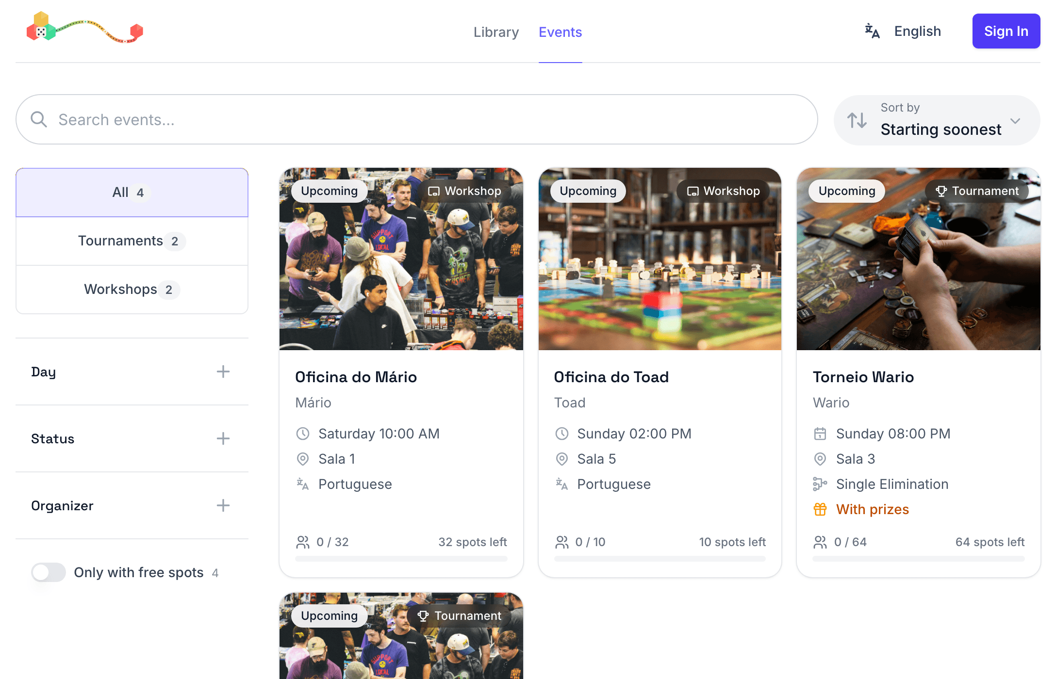 The public events page, listing tournaments and workshops with their time, room and spots left
